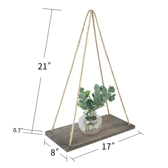 Estante marrón cuerda pared madera flotante 4 ganchos soportes de estante colgante rústico
