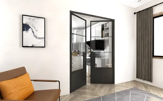 Puerta batiente de vidrio con marco de acero doble, puerta con marco de metal y cerradura