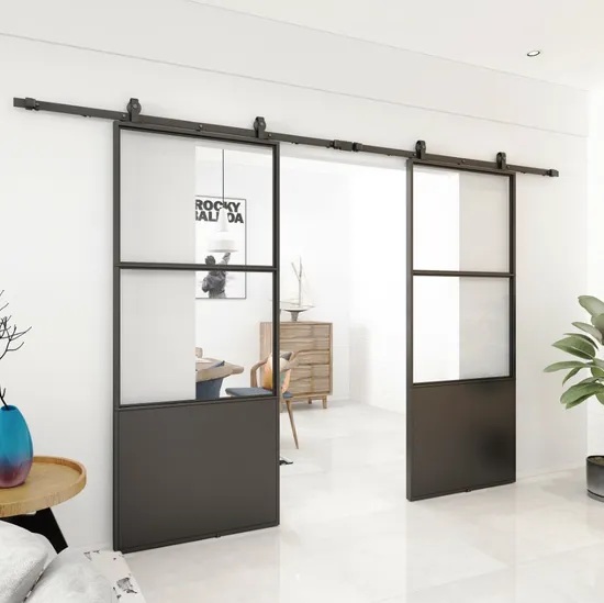 Puertas de vidrio transparente con marco de metal con soporte de doble patada y herrajes para puertas de granero