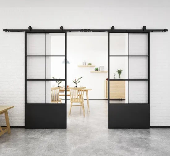 Puertas de vidrio transparente con marco de metal con soporte de doble patada y herrajes para puertas de granero