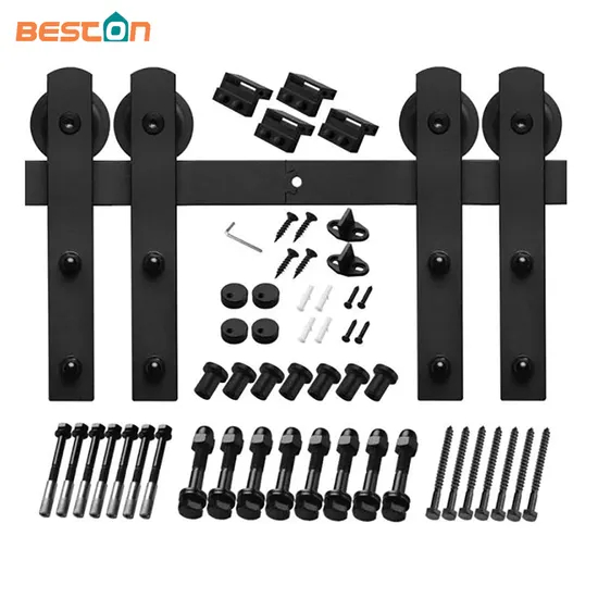 Kit de herrajes para puerta doble de granero de acero al carbono de 9 pies – Capacidad de 330 libras para diseño interior industrial y de granja moderno