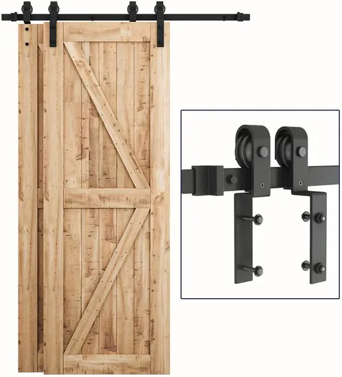 Kit moderno de herrajes para puerta de granero de derivación negra para puertas dobles | Diseño resistente