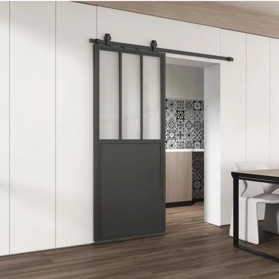 Puerta de granero con vidrio, dormitorio, habitación, diseño corredizo, puertas de granero, casa moderna