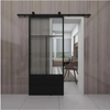 Puerta corrediza de granero con acabado de metal negro y vidrio transparente con kit de herrajes
