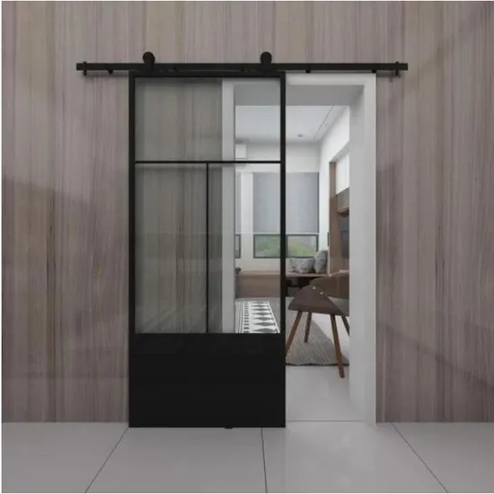 Puerta corrediza de granero con acabado de metal negro y vidrio transparente con kit de herrajes
