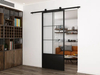 Puerta de granero de cristal con marco de acero negro moderno, puerta corrediza interior