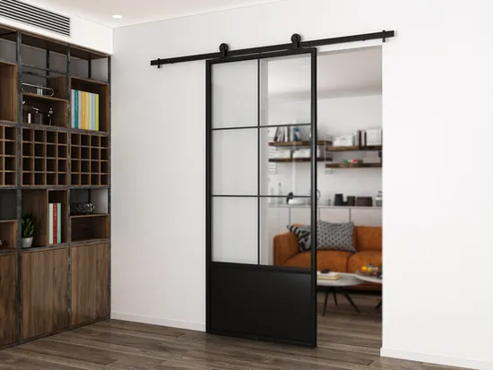 Puerta de granero de cristal con marco de acero negro moderno, puerta corrediza interior