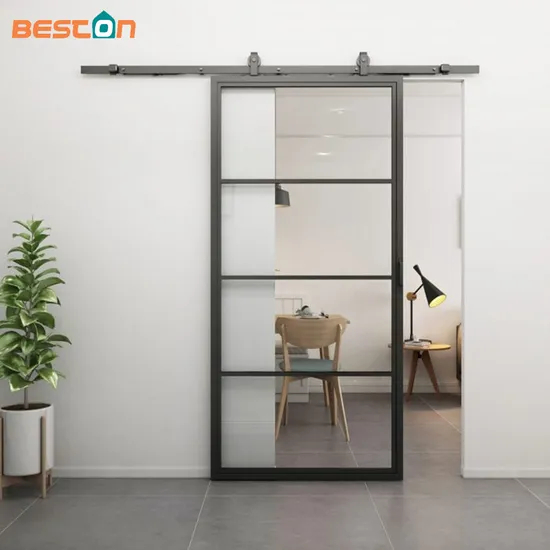 Puertas de vidrio con estructura metálica y vidrio templado transparente con puerta corrediza