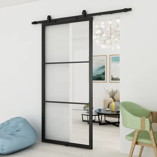 Puerta corrediza de granero de vidrio transparente con marco de acero negro para uso interior
