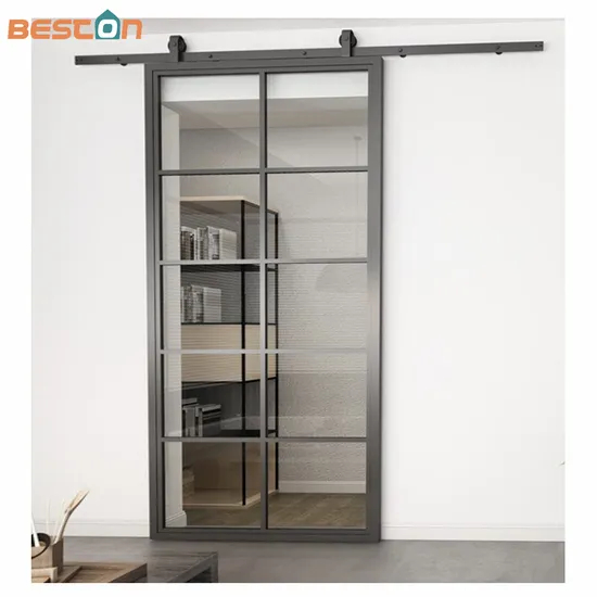 Puerta divisoria de vidrio templado transparente con marco de metal negro y kit de herrajes