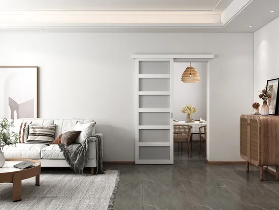 Decoración de interiores de dormitorio Diseño gráfico de plástico Puerta corrediza de vidrio con herrajes