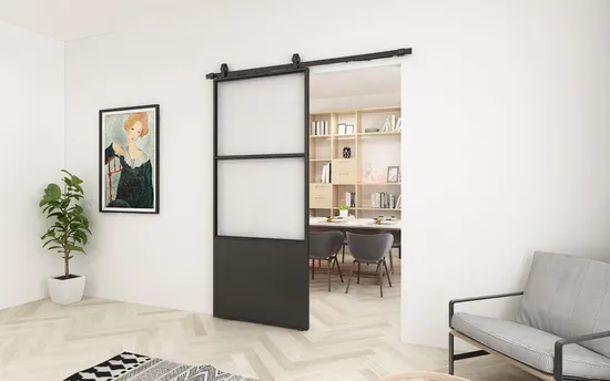 Puerta de granero Concorde de vidrio y metal con paneles desmontables y herrajes