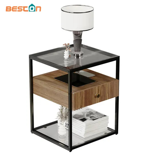 Mesa de centro de vidrio templado de 2 capas, mesita de noche cuadrada, mesita de noche con extremo para sofá