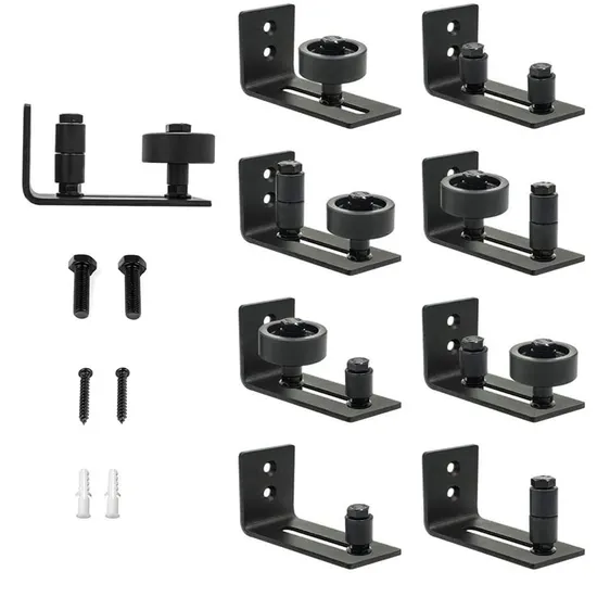 Kit de herrajes para puerta corrediza de granero premium de 5 pies | Guía de piso y colgadores de ruedas industriales para puertas de 80 pulgadas