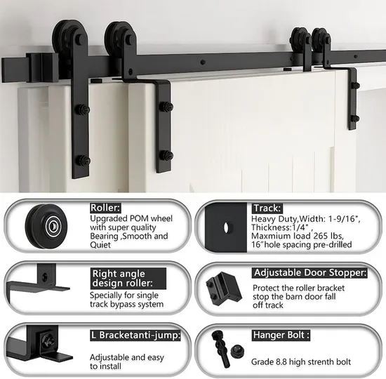 Kit de herrajes para puerta de granero de derivación de baño contemporáneo con ruedas colgantes para puertas dobles