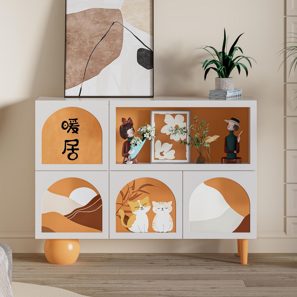Vitrina y estantería blanca de madera maciza estilo crema francés - 3 estantes, 2 gabinetes - Almacenamiento para sala de estar con opciones de piso/pared