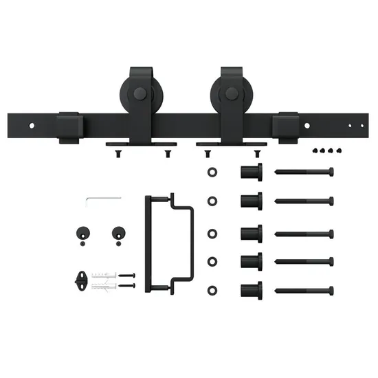 Puerta corrediza de granero con acabado de metal negro y vidrio transparente con kit de herrajes