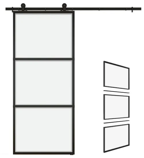 Puerta de una pieza con marco de acero negro y metal con inserto de vidrio transparente