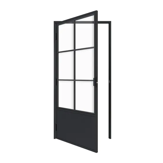 Puerta de vidrio con paneles abatibles y marco de metal con zócalo para uso interior