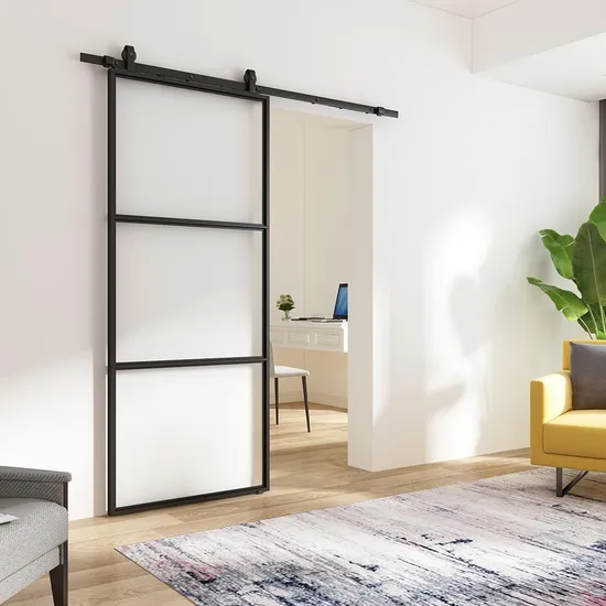 Puertas de granero de vidrio de acero corredizas interiores negras esmeriladas de 3 paneles