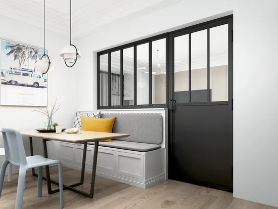 Puerta abatible de vidrio con recubrimiento de polvo negro de estilo francés con placa protectora