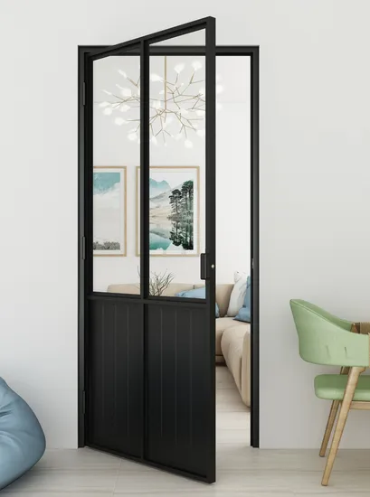 Puerta batiente de vidrio con marco de acero de estilo francés moderno con bisagras y manija