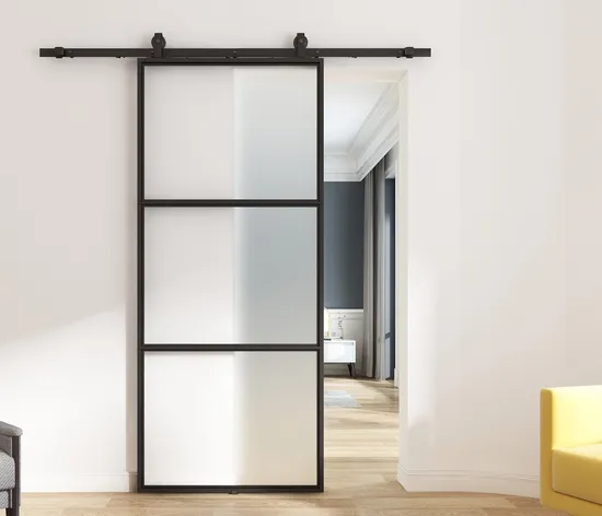 Puerta tipo granero de vidrio Three Lites para cocina o dormitorio con herrajes corredizos