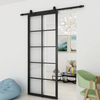 Puerta divisoria de vidrio templado transparente con marco de metal negro y kit de herrajes