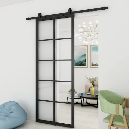 Puerta divisoria de vidrio templado transparente con marco de metal negro y kit de herrajes