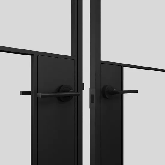Puerta batiente de vidrio con marco de acero doble, puerta con marco de metal y cerradura