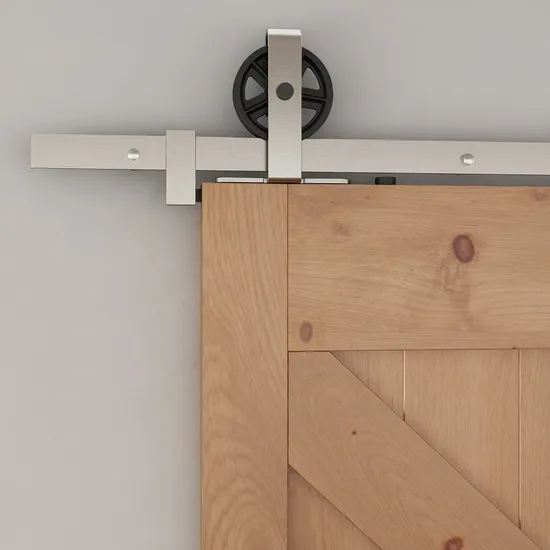 Kit de puerta corrediza de granero de acero al carbono y níquel satinado de inspiración vintage: diseño de rueda de gran tamaño adornado para interiores de granjas modernas