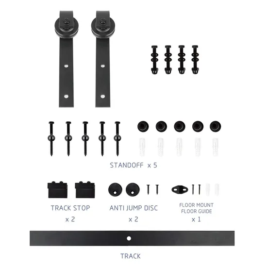 Kit de herrajes para puerta corrediza de granero premium de 5 pies | Guía de piso y colgadores de ruedas industriales para puertas de 80 pulgadas