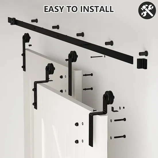 Kit de herrajes para puerta de granero de derivación de baño contemporáneo con ruedas colgantes para puertas dobles