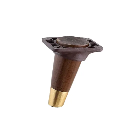 Patas de sofá de madera maciza en forma de I de cono oblicuo con copas de pie de metal y accesorios de madera