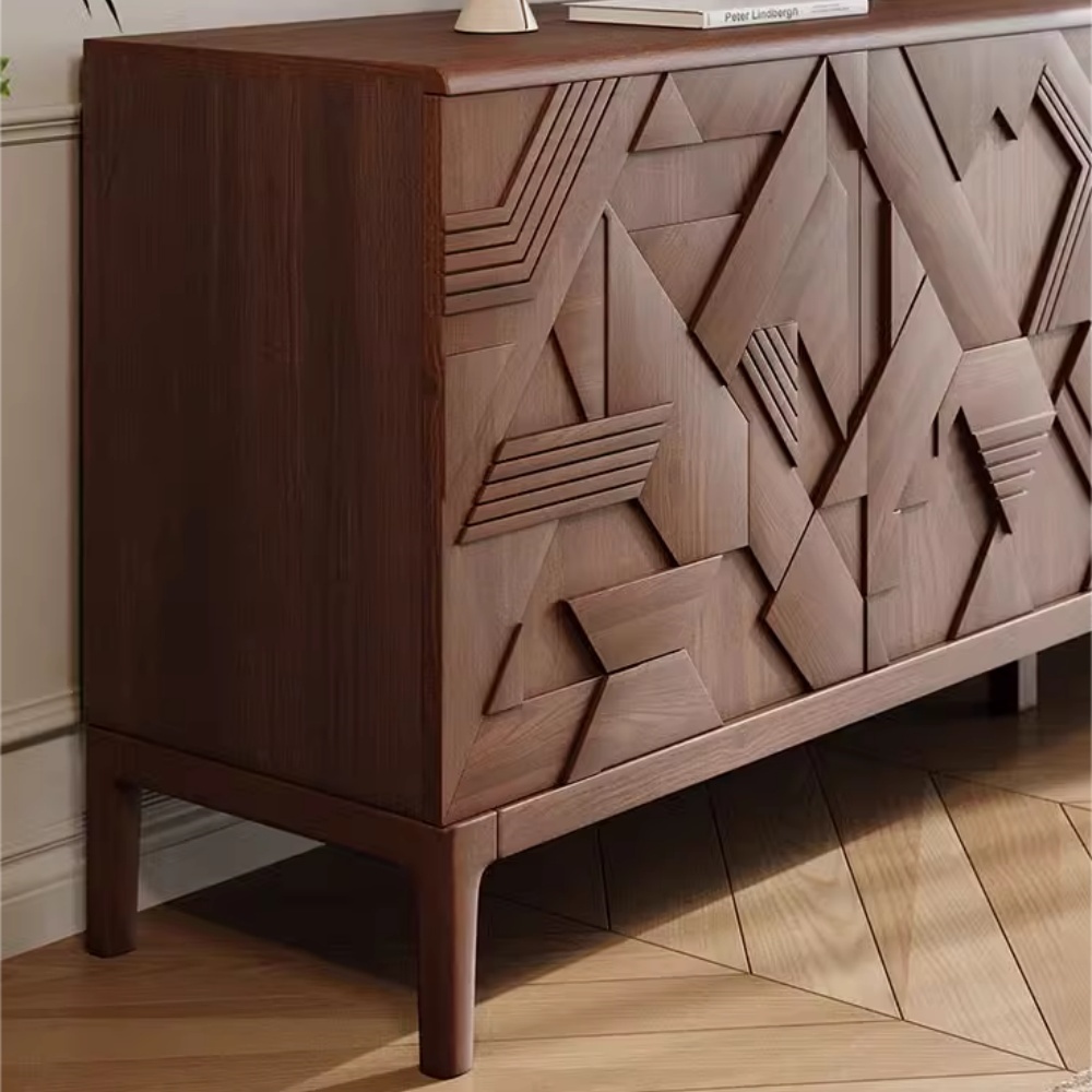 Aparador moderno de madera maciza de nogal - 4 puertas, 2 cajones y estantes ajustables para sala de estar | Almacenamiento de lujo