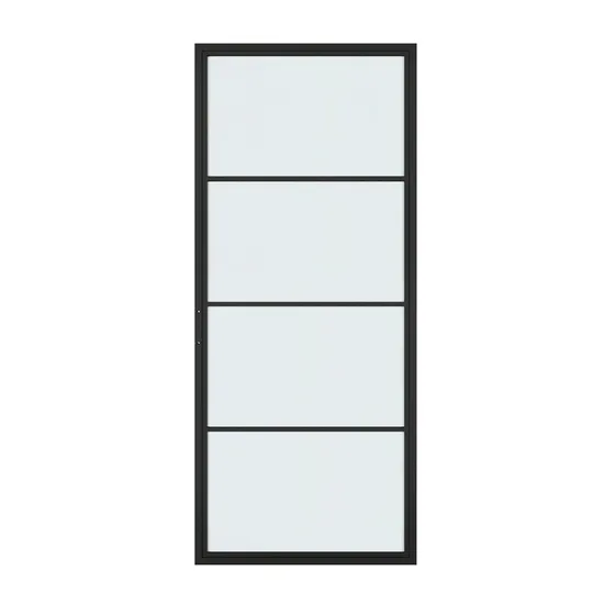 Puerta de granero estilo loft de vidrio transparente con marco de acero negro y herrajes corredizos