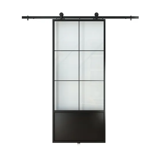 Puerta de granero de cristal con marco de acero negro moderno, puerta corrediza interior