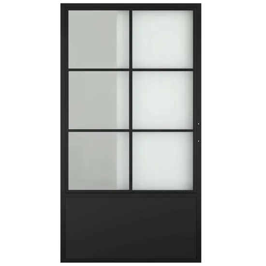 Puerta de vidrio con paneles abatibles y marco de metal con zócalo para uso interior
