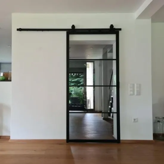 Puertas de vidrio con estructura metálica y vidrio templado transparente con puerta corrediza