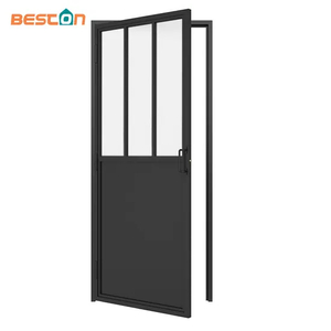 Puerta abatible de vidrio con recubrimiento de polvo negro de estilo francés con placa protectora
