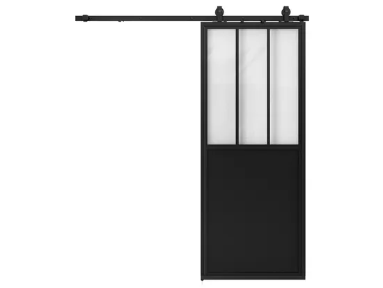 Puerta corrediza de granero de vidrio transparente con marco de acero negro y faldón