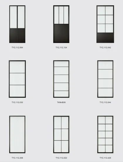 Puerta divisoria de vidrio templado transparente con marco de metal negro y kit de herrajes