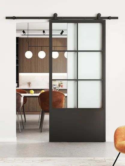 Herrajes para puertas corredizas interiores de vidrio transparente con marco de acero al carbono negro francés