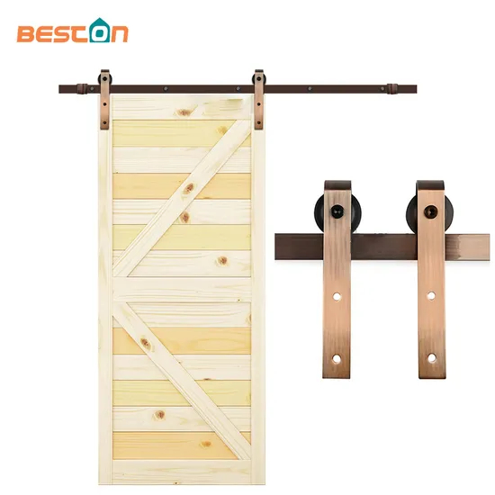 Herrajes para puertas correderas de granero de acero y cobre antiguo: juego de rieles con rodillos para puertas interiores elegantes de granero | Diseño vintage, resistente.