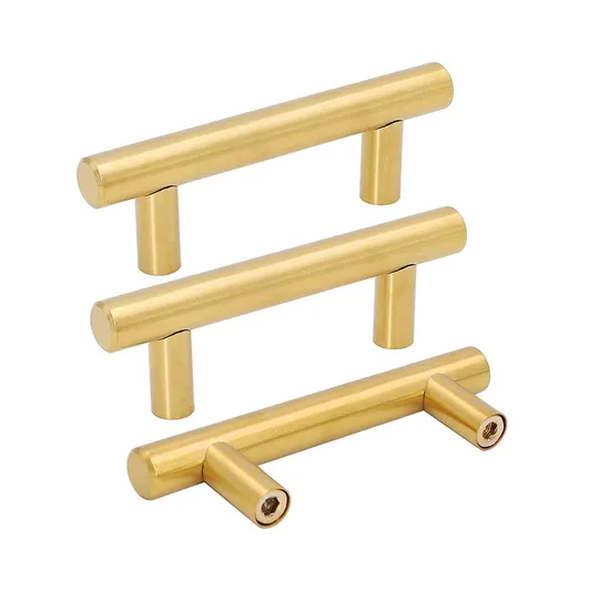 Tirador en forma de T para puerta de cajón dorado, latón y acero inoxidable
