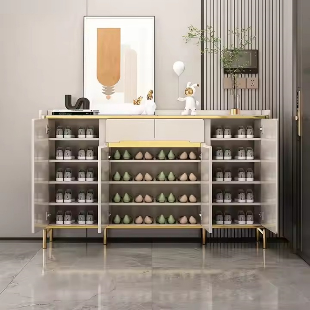 Zapatero de madera ultrafino de primera calidad con cajones de almacenamiento para entradas de espacios pequeños