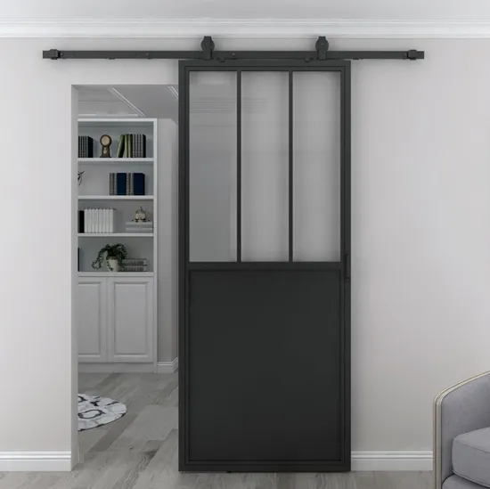 Puerta de granero con vidrio, dormitorio, habitación, diseño corredizo, puertas de granero, casa moderna
