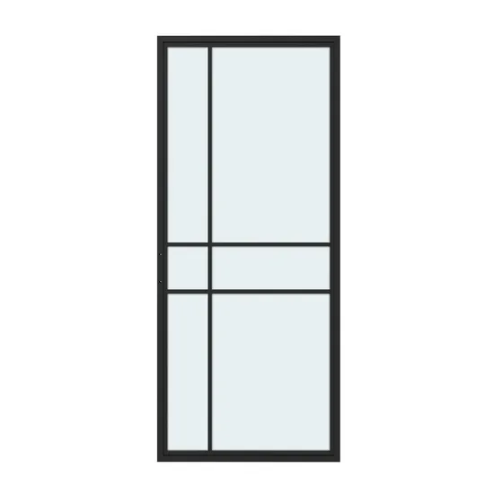 Puerta de granero corrediza de vidrio con marco de acero negro moderno para uso interior