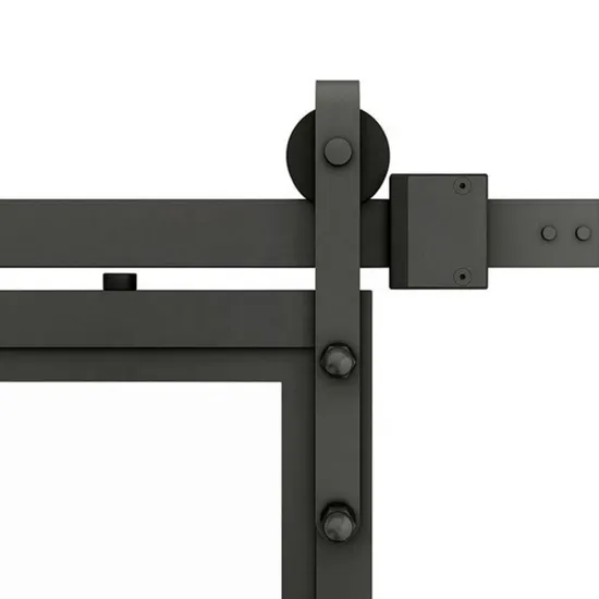 Puerta corrediza de granero con acabado de metal negro y vidrio esmerilado con kit de herrajes