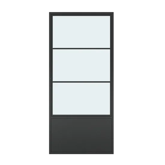 Puerta corrediza de granero de vidrio transparente templado con marco de acero y placa protectora